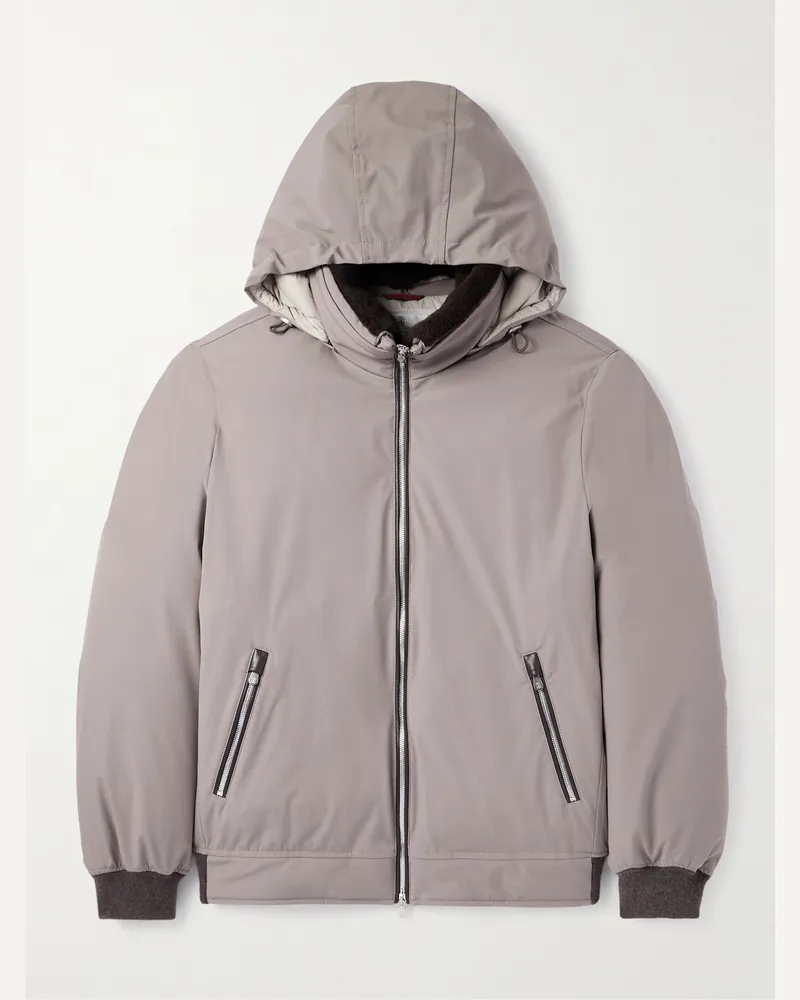 Brunello Cucinelli Daunenjacke aus wattiertem Shell mit Kapuze und Besatz aus Shearling und Kaschmir Braun