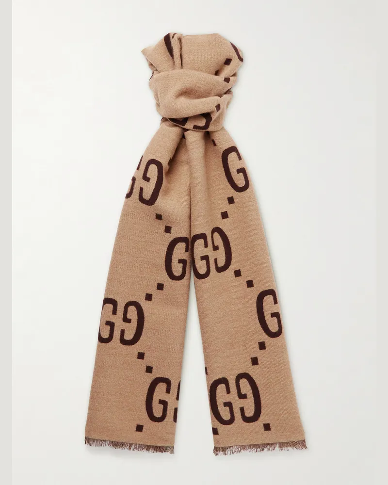 Gucci Logo-Jacquard Wool and Silk-Blend Scarf Brown