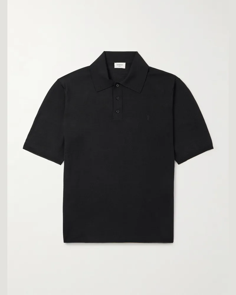 Saint Laurent Cassandre Logo-Embroidered Wool Polo Shirt Black