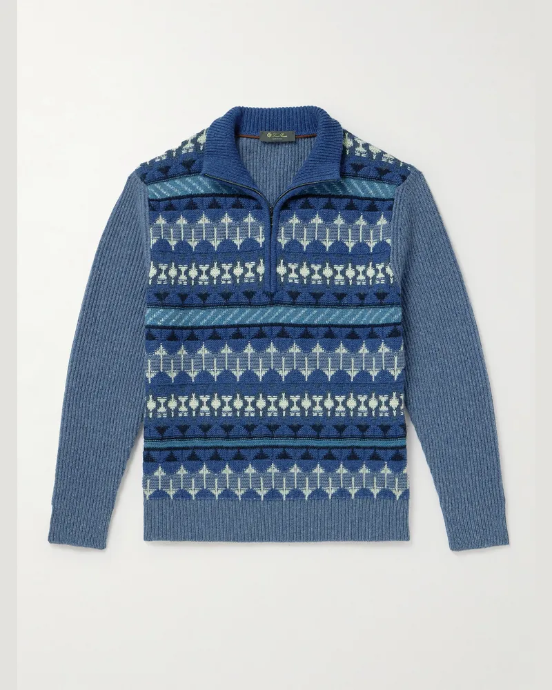 Loro Piana Fair Isle Ribbed-Knit Cashmere Half-Zip Sweater Blue