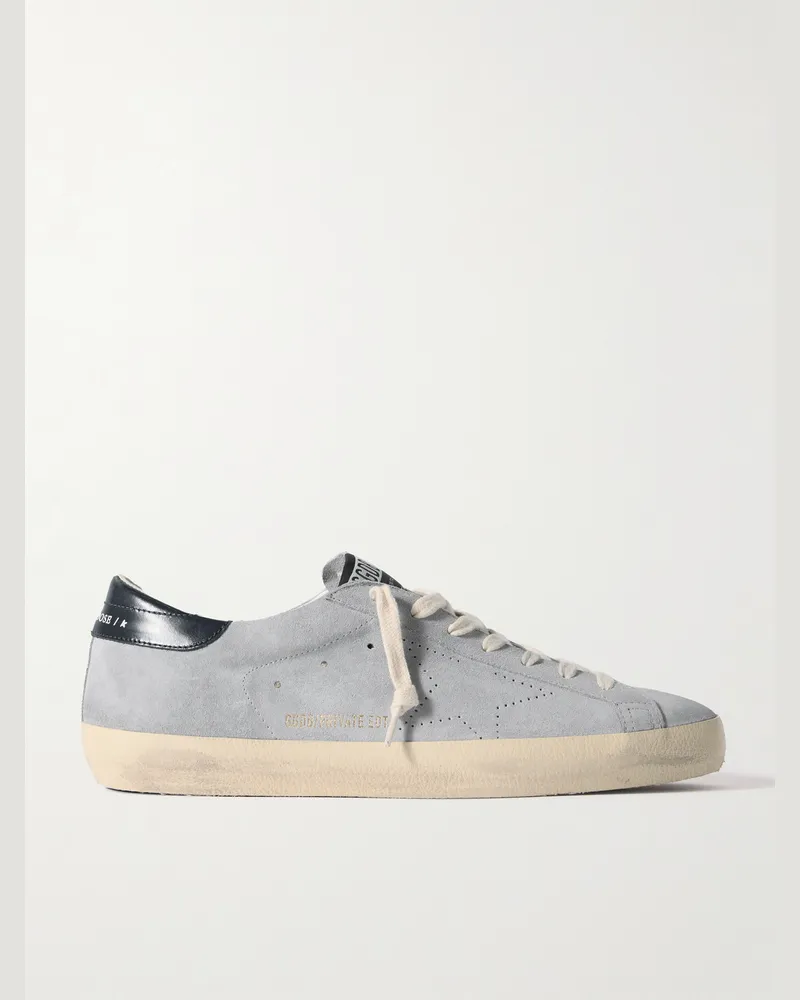 Golden Goose Super-Star Distressed Patent Leather-Trimmed Suede Sneakers Gray