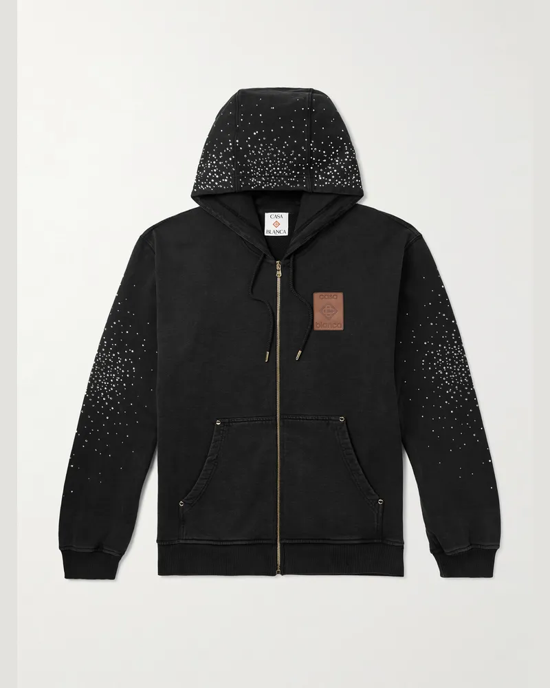 Casablanca Paris La Prémonition Kapuzenjacke aus Biobaumwoll-Jersey mit Reißverschluss, Kristallen, Logoapplikation und Print Schwarz