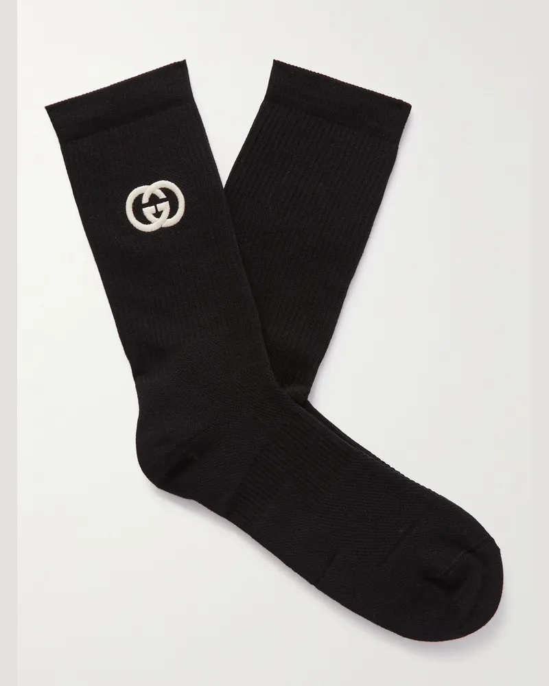 Gucci Logo-Embroidered Ribbed Cotton-Blend Socks Black