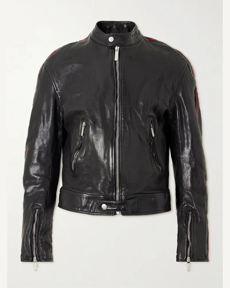 Gucci Web-Trimmed Leather Bomber Jacket Black