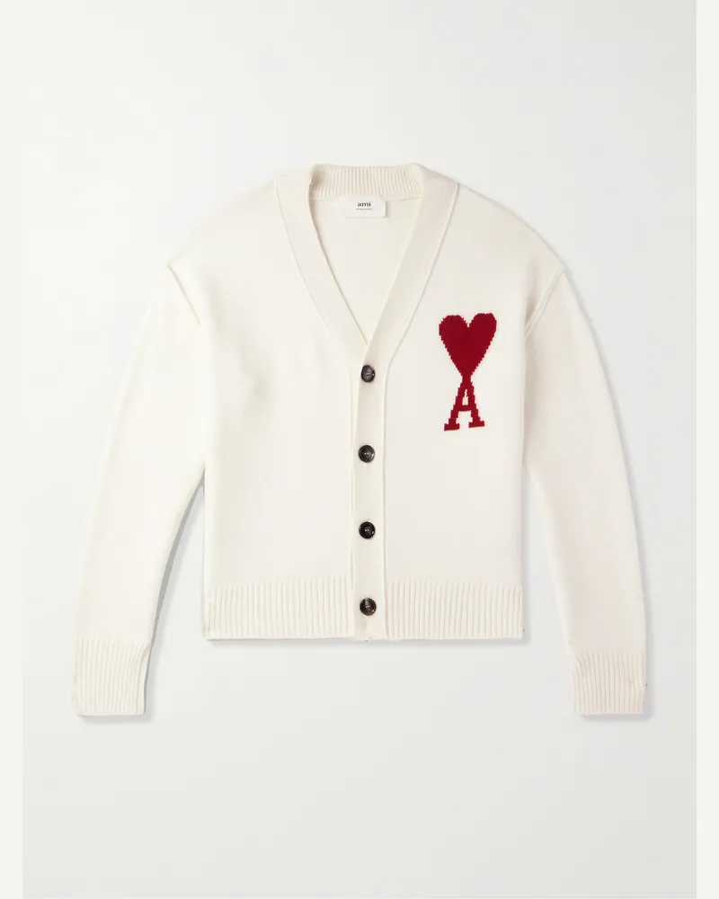AMI Paris Cardigan aus Merinowolle mit Intarsienlogomotiv Neutral