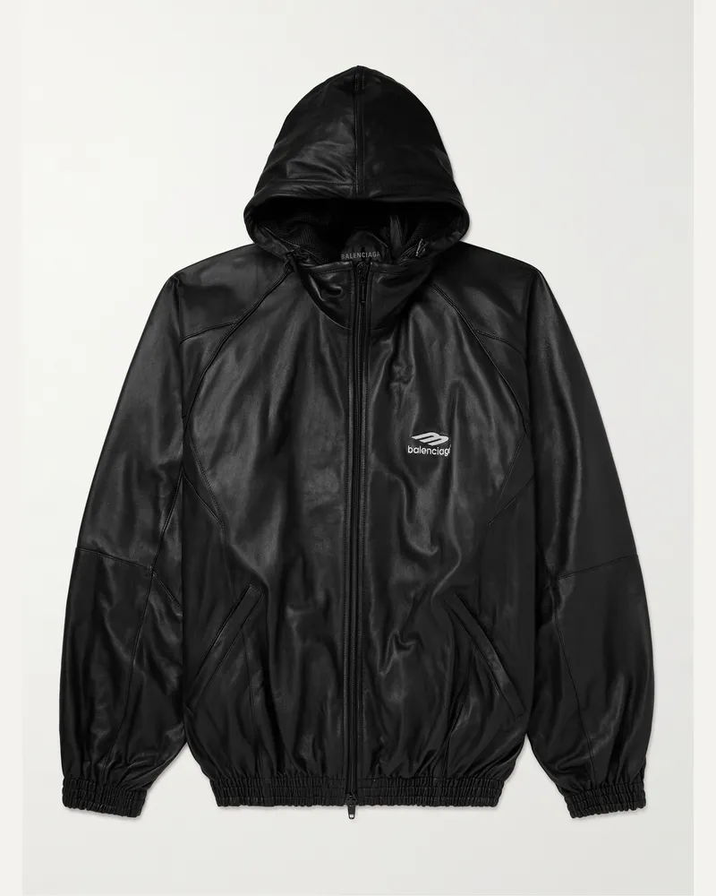 Balenciaga Kapuzenjacke aus Leder mit Logoprint Schwarz