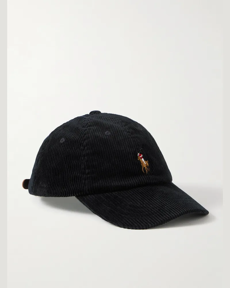 Ralph Lauren Full-Grain Leather-Trimmed Logo-Embroidered Cotton-Corduroy Baseball Cap Black