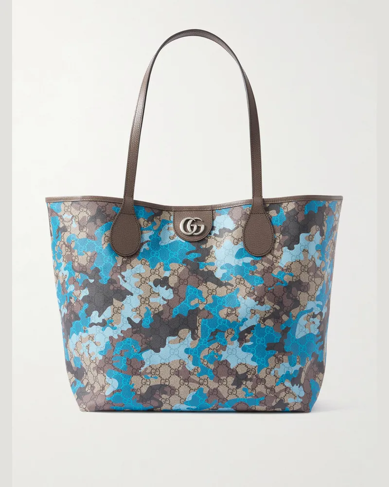 Gucci Tote aus beschichtetem Canvas mit Logomuster, Camouflage-Print und Webband Blau