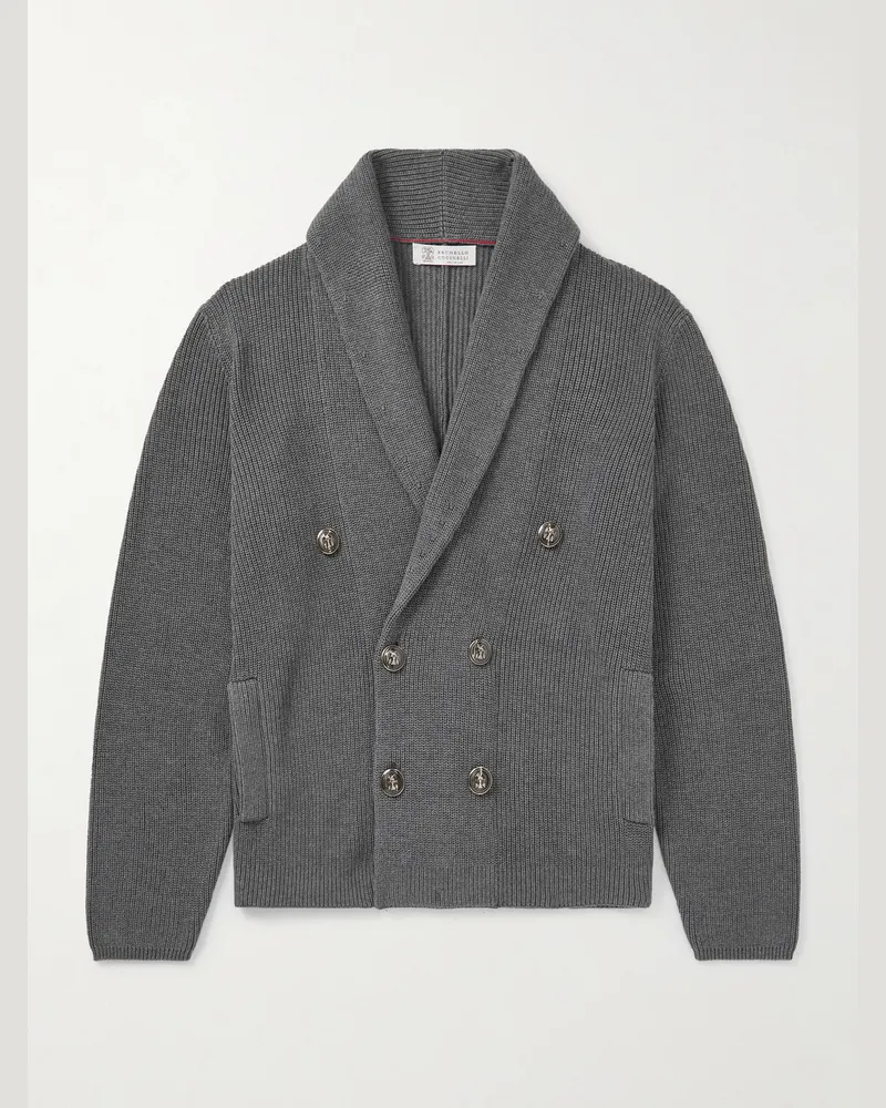 Brunello Cucinelli Shawl-Collar Double-Breasted Ribbed Cotton Cardigan Gray