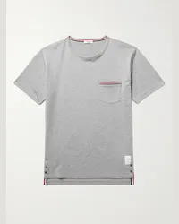 Thom Browne Schmal geschnittenes T-Shirt aus meliertem Baumwoll-Jersey mit Ripsbandbesätzen Grau