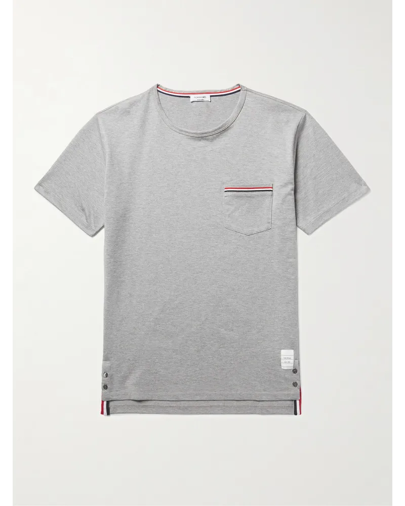 Thom Browne Schmal geschnittenes T-Shirt aus meliertem Baumwoll-Jersey mit Ripsbandbesätzen Grau