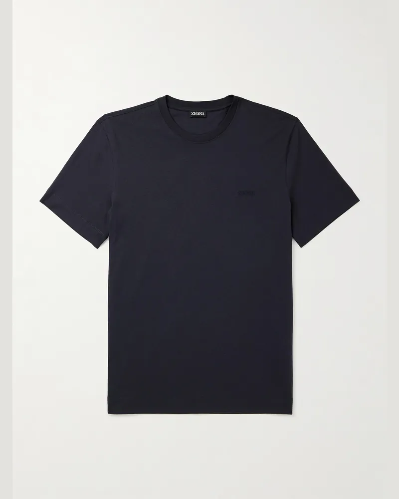 Ermenegildo Zegna Logo-Embroidered Cotton-Jersey T-Shirt Blue