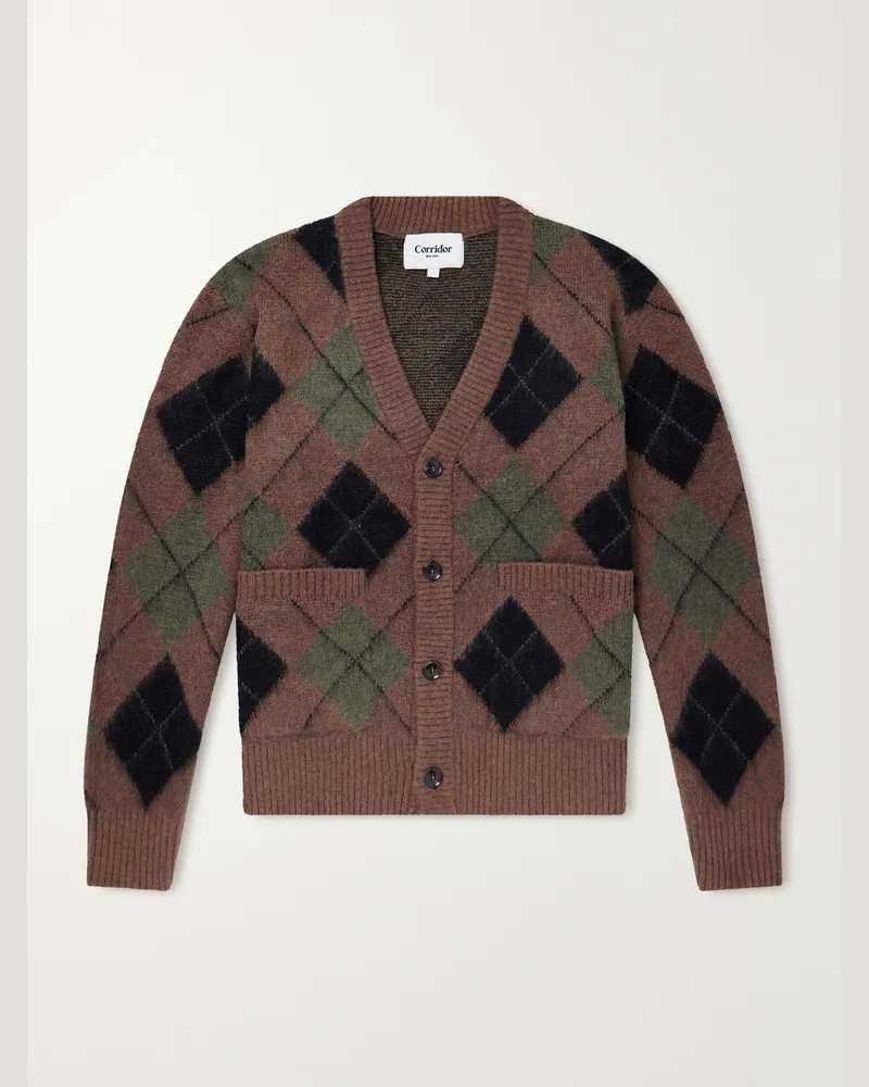 Corridor Brushed Argyle Jacquard-Knit Cardigan Brown