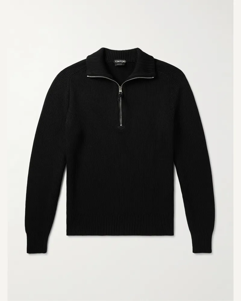 Tom Ford Schmal geschnittener Pullover aus einer Seiden-Merinowollmischung in Rippstrick mit kurzem Reißverschluss Schwarz