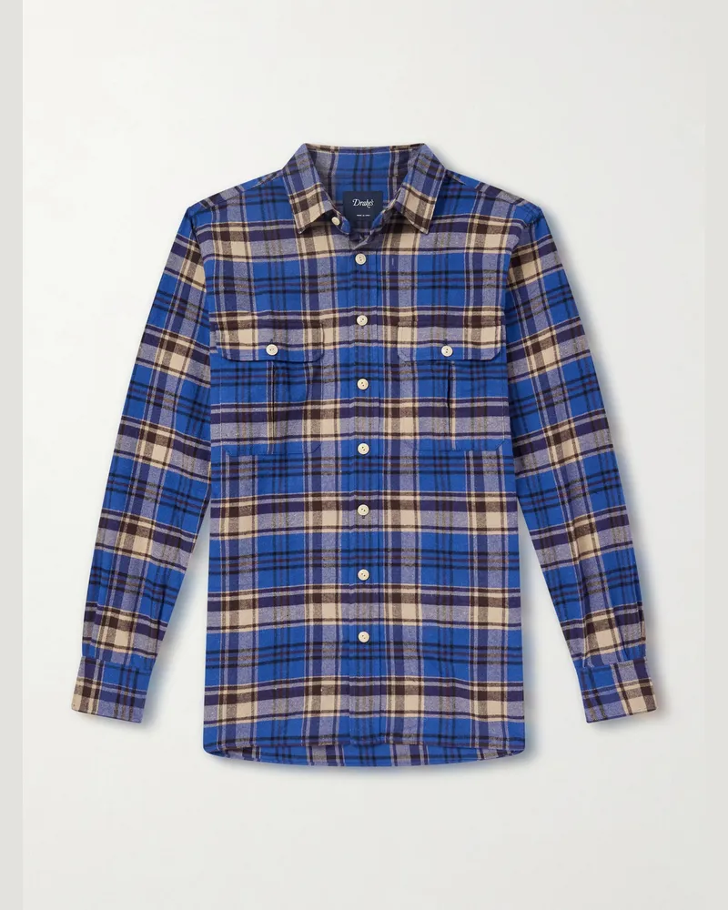 Drake's Kariertes Hemd aus gebürstetem Baumwollflanell Blau