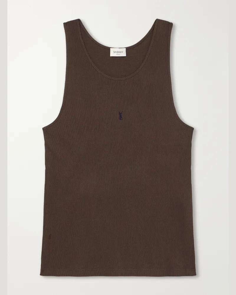 Saint Laurent Logo-Embroidered Ribbed Cotton Tank Top Brown
