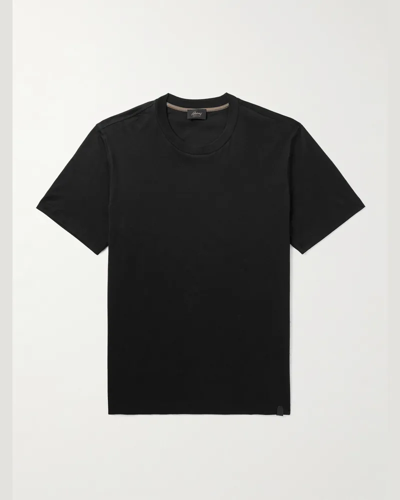 Brioni T-Shirt aus Baumwoll-Jersey mit Lederbesatz Schwarz