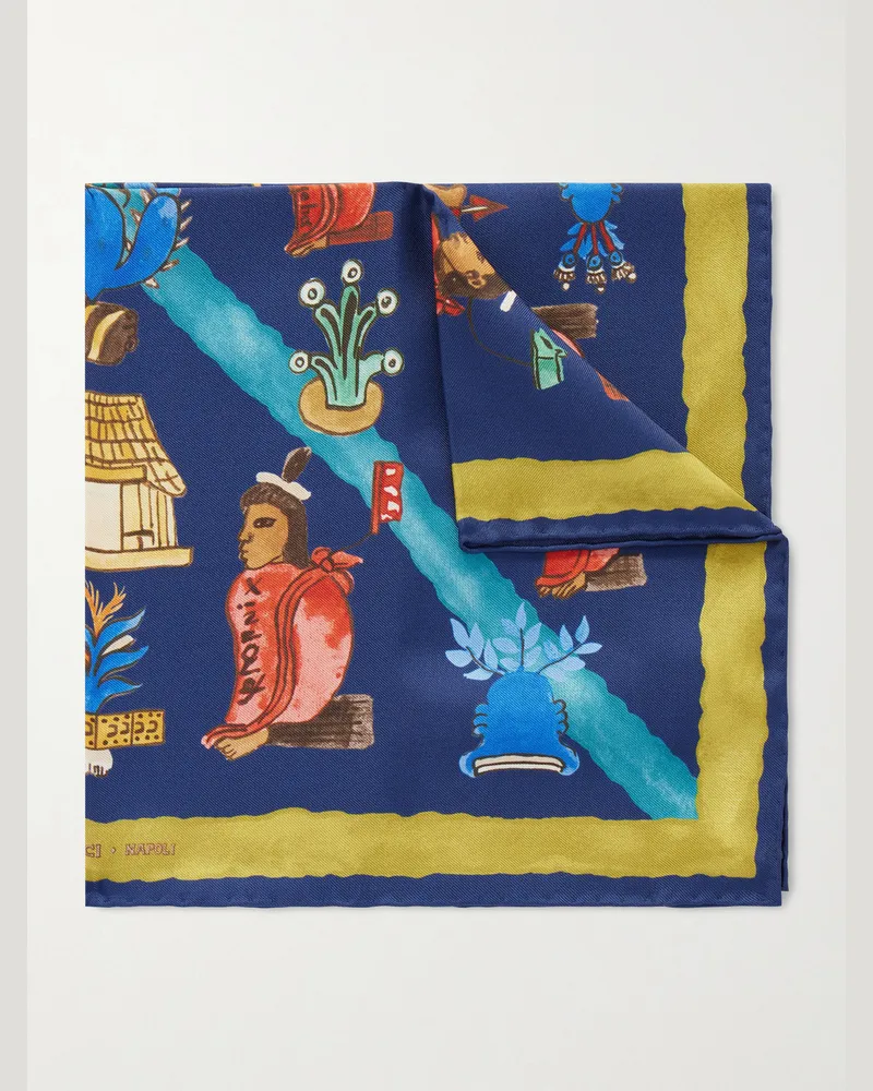 Rubinacci Printed Silk-Twill Pocket Square Blue