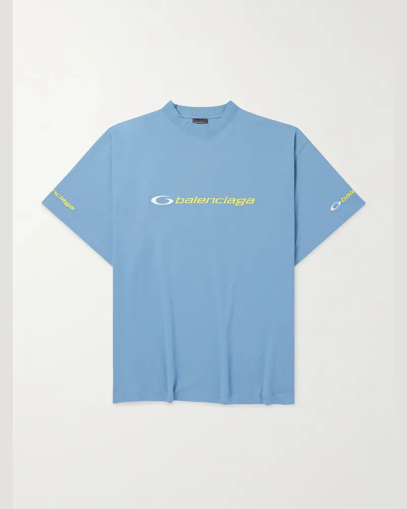 Balenciaga Oversized-T-Shirt aus Baumwoll-Jersey mit Logostickerei Blau