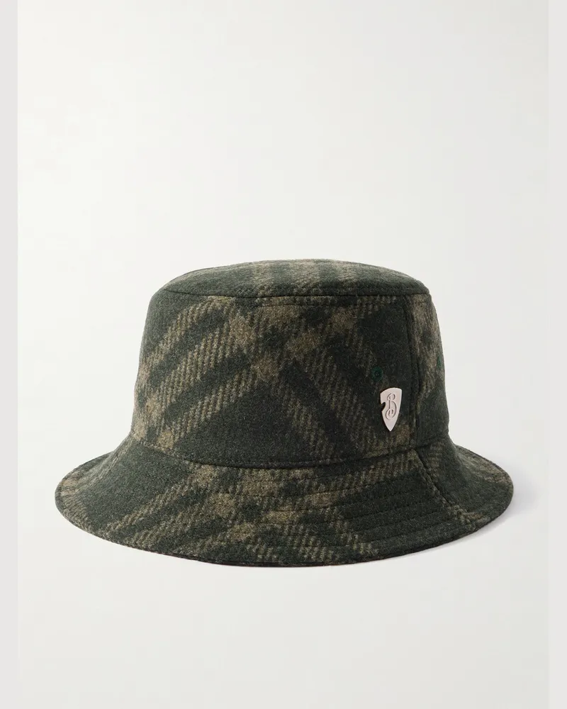 Burberry Karierter Fischerhut aus gebürsteter Wolle mit Logoapplikation Grün