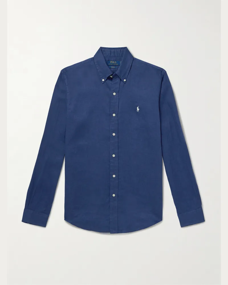 Ralph Lauren Hemd aus Leinen mit Logostickerei und Button-Down-Kragen Blau