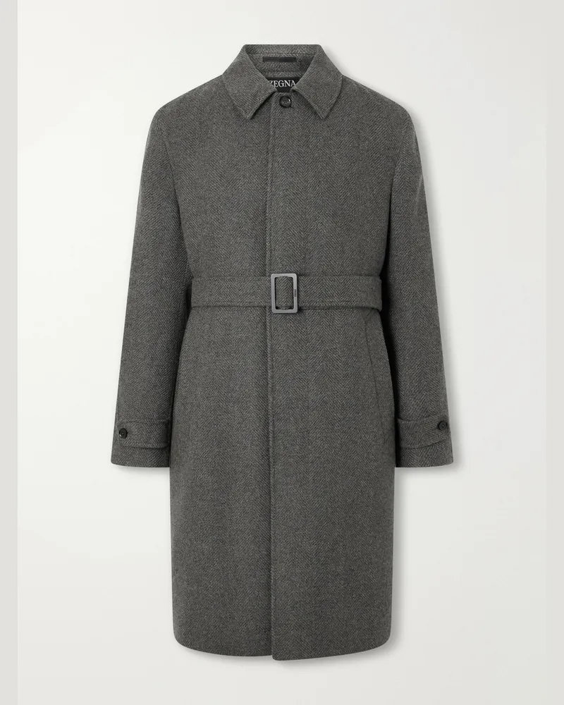 Ermenegildo Zegna Oasi Belted Herringbone Cashmere Trench Coat Gray