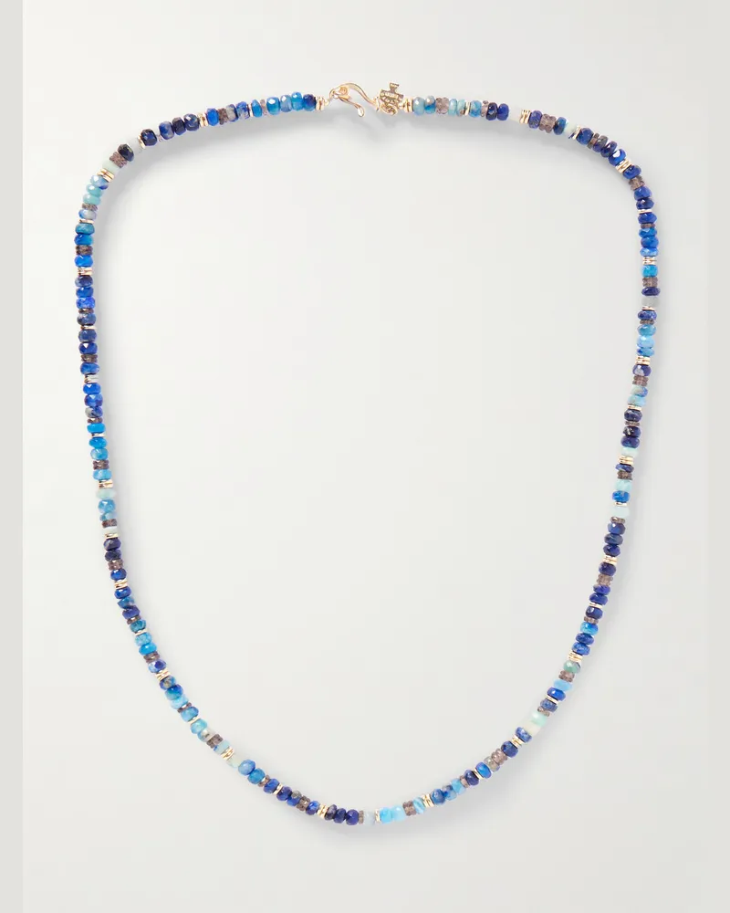 Peyote Bird Night Owl Gold-Plated Spinel, Apatite and Ethiopian Opal Beaded Necklace Blue