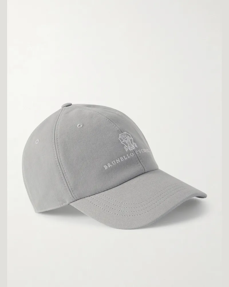 Brunello Cucinelli Logo-Embroidered Leather-Trimmed Cotton-Twill Baseball Cap Gray