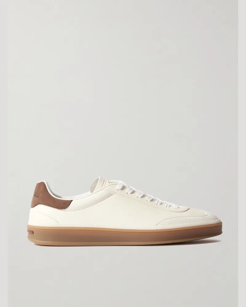 Loro Piana Tennis Walk Suede-Trimmed Leather Sneakers Neutrals