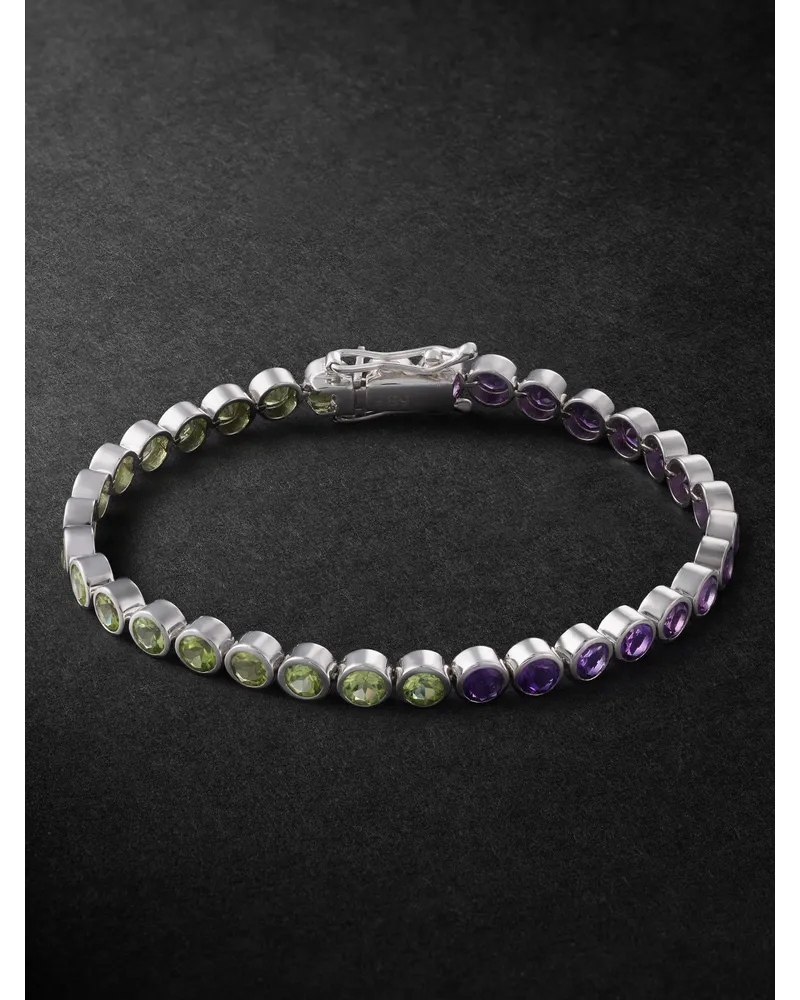 42 Suns Tennisarmband aus 14 Karat Weißgold mit Amethysten und Peridoten Lila