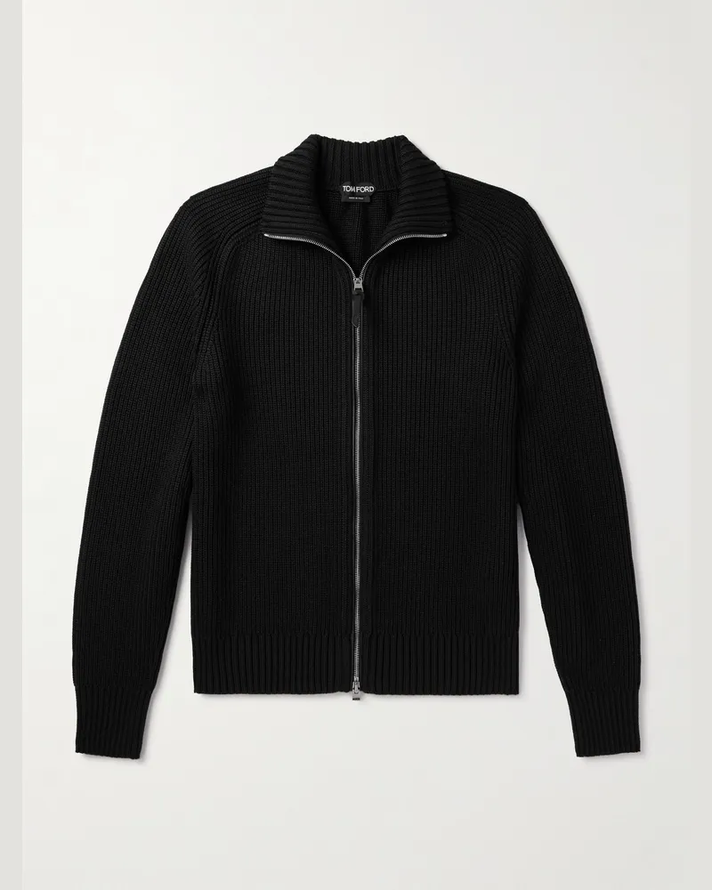 Tom Ford Schmal geschnittener Cardigan aus einer Seiden-Merinowollmischung in Rippstrick Schwarz