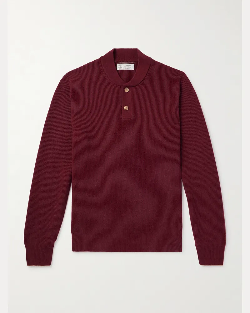 Brunello Cucinelli Schmal geschnittener Pullover aus Kaschmir in Rippstrick Burgunder