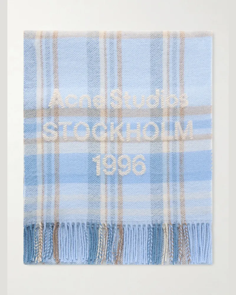 Acne Studios 1996 Fringed Checked Wool-Blend Scarf Blue
