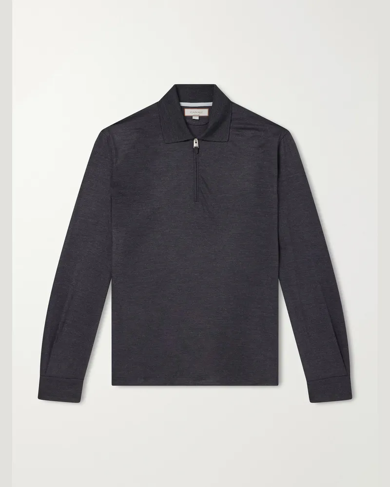 Canali Virgin Wool-Jersey Half-Zip Polo Shirt Gray