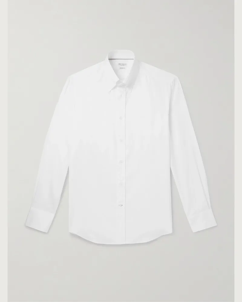 Brunello Cucinelli Schmal geschnittenes Hemd aus Baumwoll-Twill mit Button-Down-Kragen Weiß