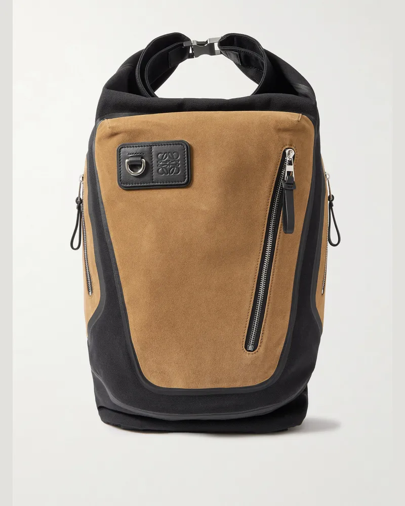 Loewe Flex Logo-Embossed Suede and Canvas Backpack Brown