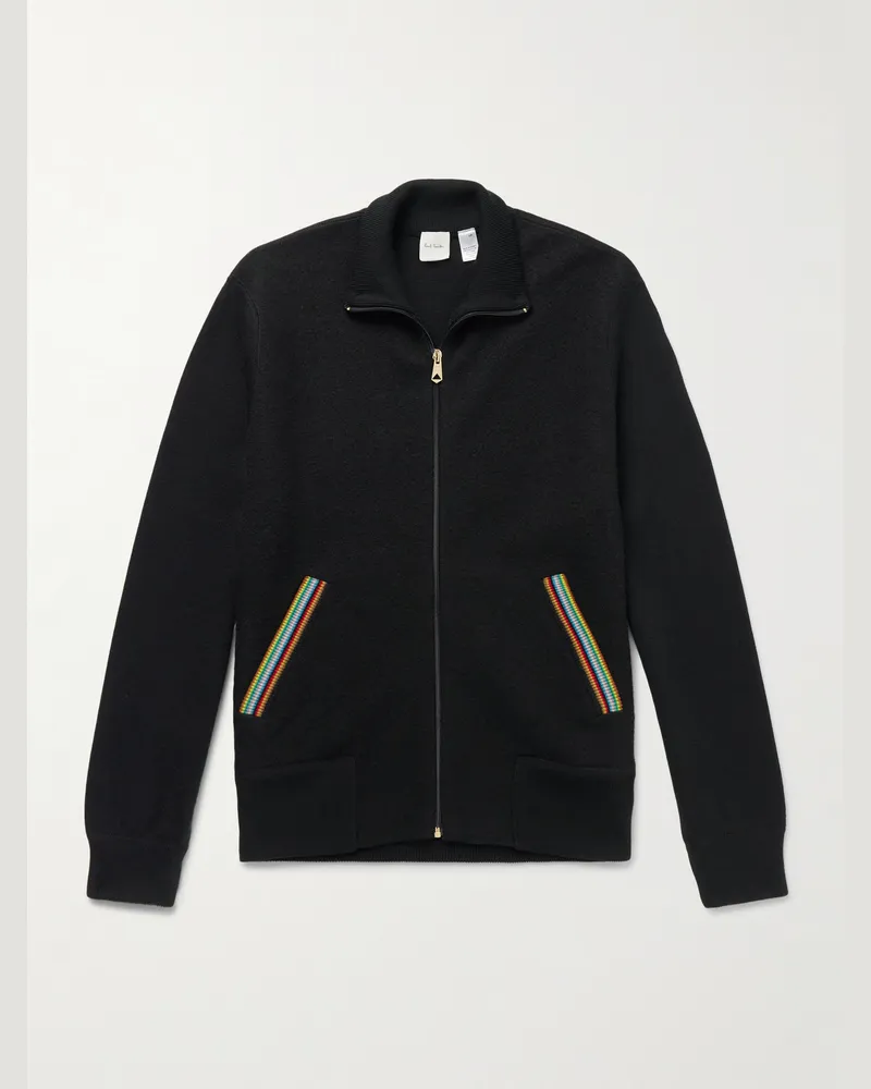 Paul Smith Stripe-Trimmed Wool Zip-Up Cardigan Black