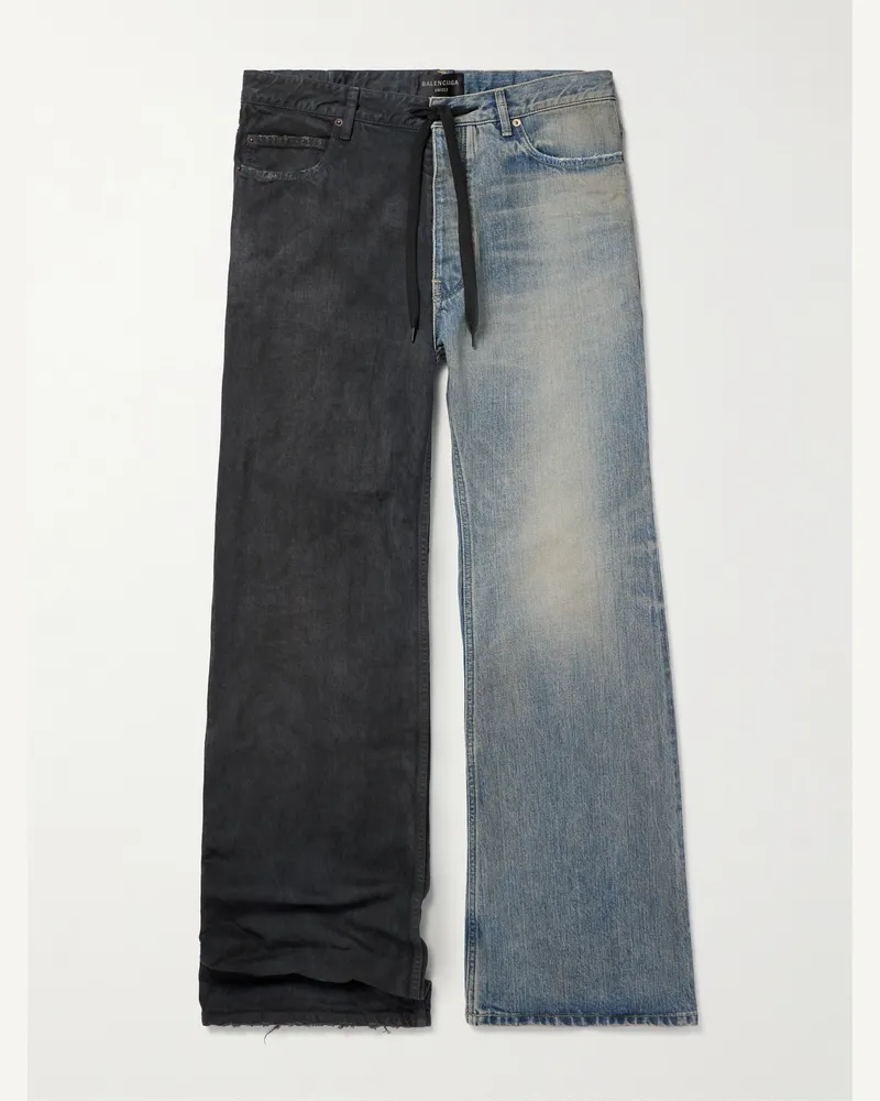 Balenciaga Fifty-Fifty Wide-Leg Two-Tone Distressed Drawstring Jeans Blue