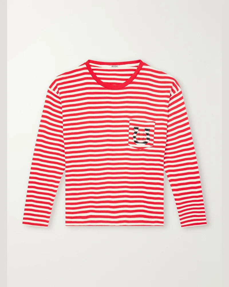 BODE Logo-Embroidered Striped Ribbed Cotton-Jersey T-Shirt Red