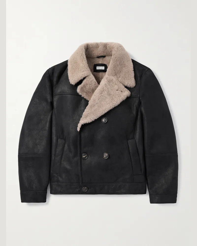 Brunello Cucinelli Doppelreihige Bikerjacke aus Shearling Schwarz