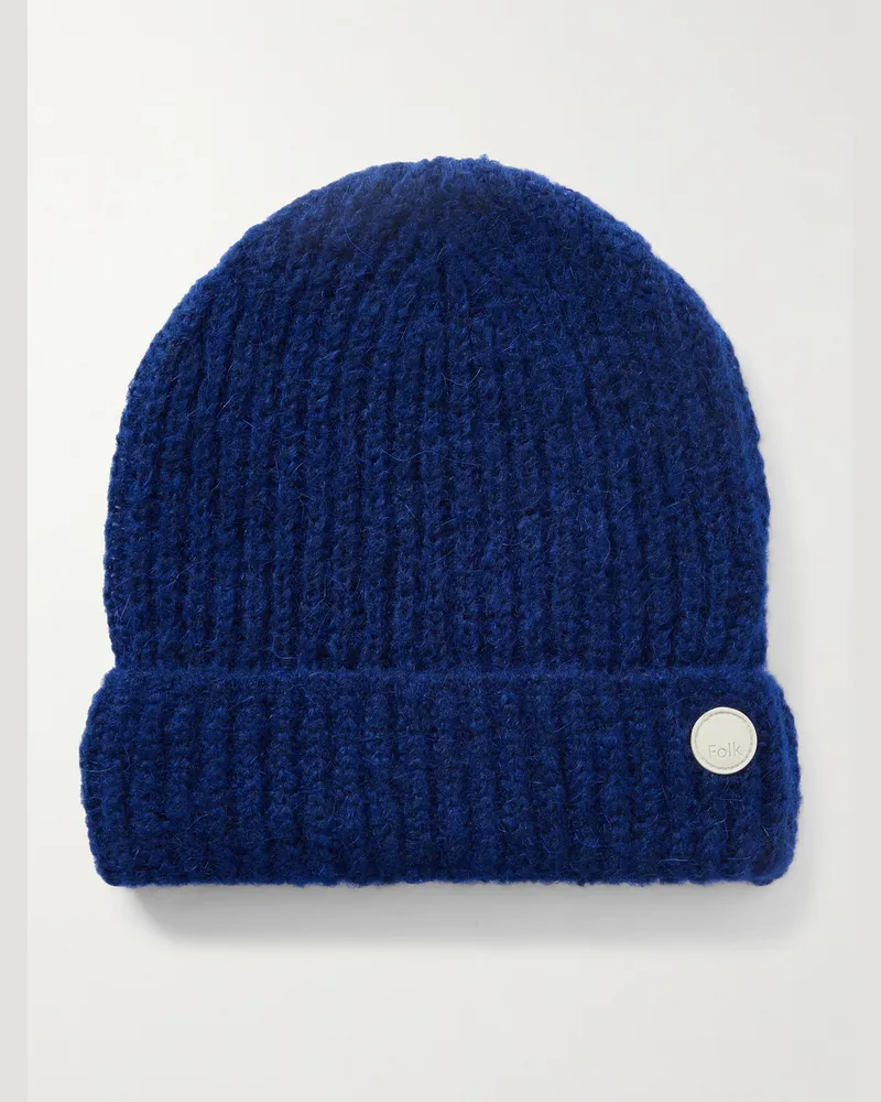 Folk Beanie aus Rippstrick Blau