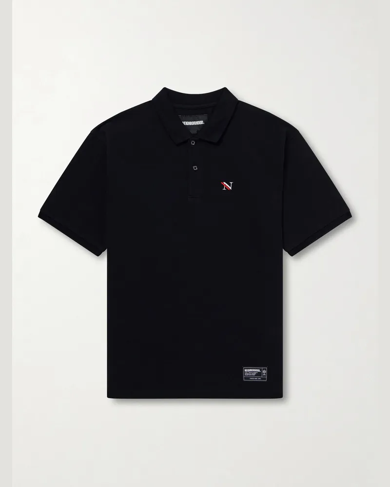 Neighborhood Logo-Appliquéd Embroidered Cotton-Piqué Polo Shirt Black