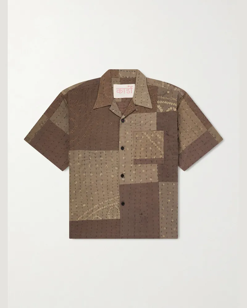 KARDO Rohit Bandhani Convertible-Collar Patchwork Embroidered Cotton Shirt Brown