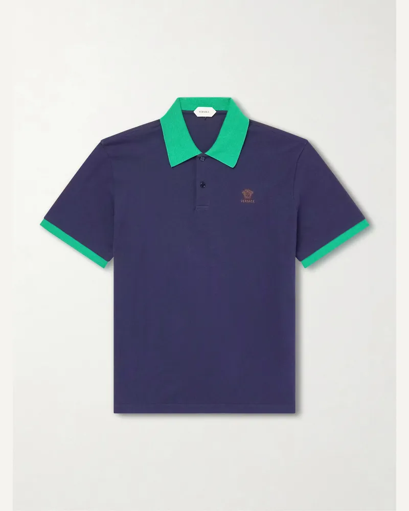 Versace Logo-Embroidered Cotton-Piqué Polo Shirt Blue