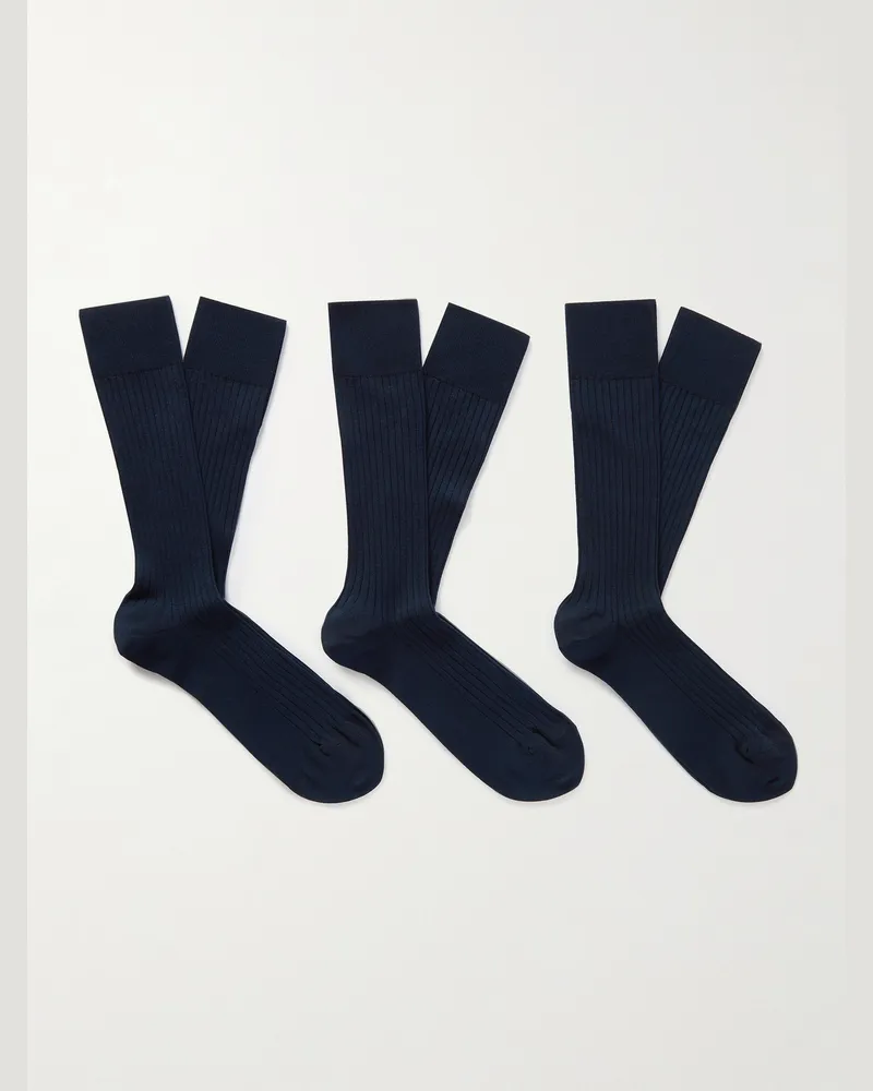 NN 07 Three-Pack Ribbed Cotton-Blend Socks Blue