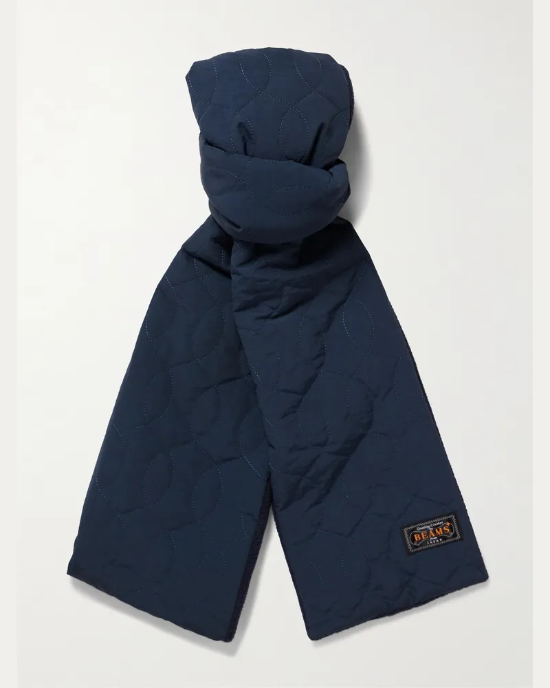 Beams Plus Muffler Boa Logo-Appliquéd Padded Plush-Trimmed Quilted Shell Scarf Blue