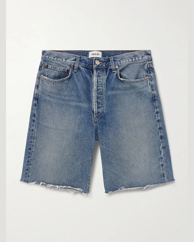 AGOLDE Anson Straight-Leg Frayed Denim Shorts Blue