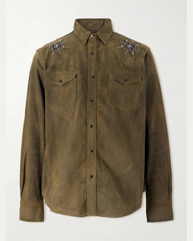 RRL Buffalo West Studded Leather-Trimmed Denim Shirt Brown