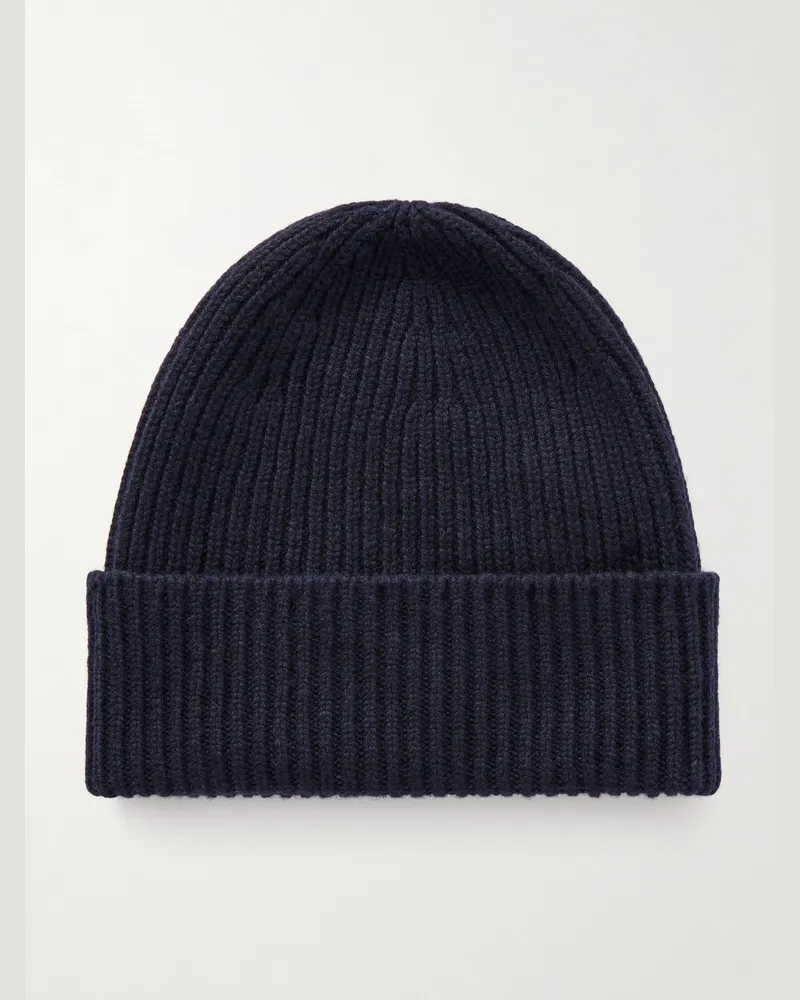 William Lockie Beanie aus Kaschmir in Rippstrick Blau