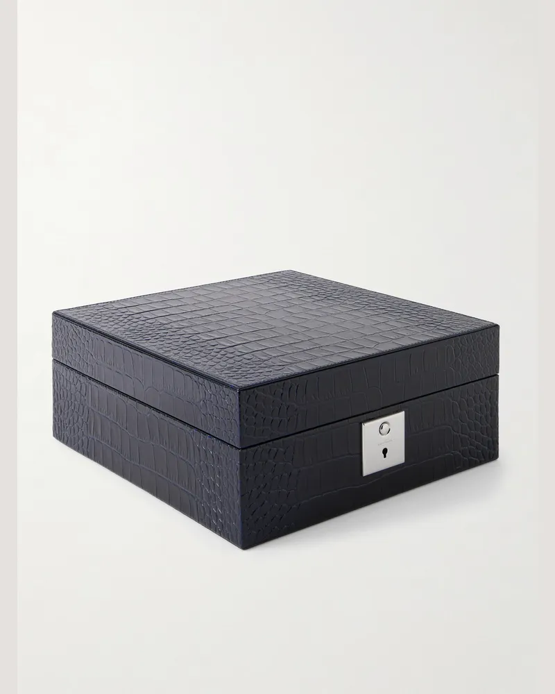 Smythson Mara Croc-Effect Leather Six-Piece Watch Box Blue